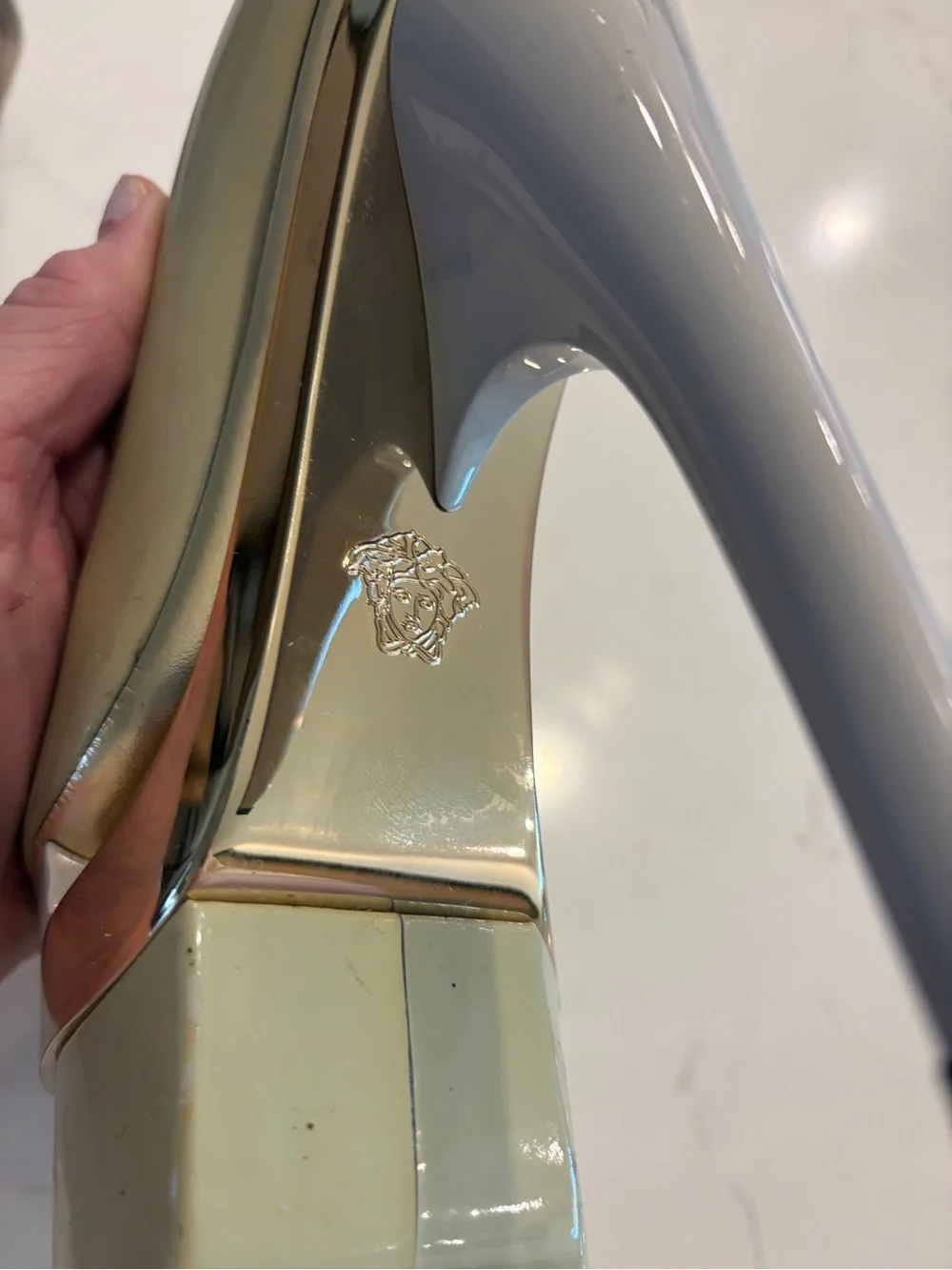 Versace Triple Platform Patent and Leather Pumps, pale green & gold